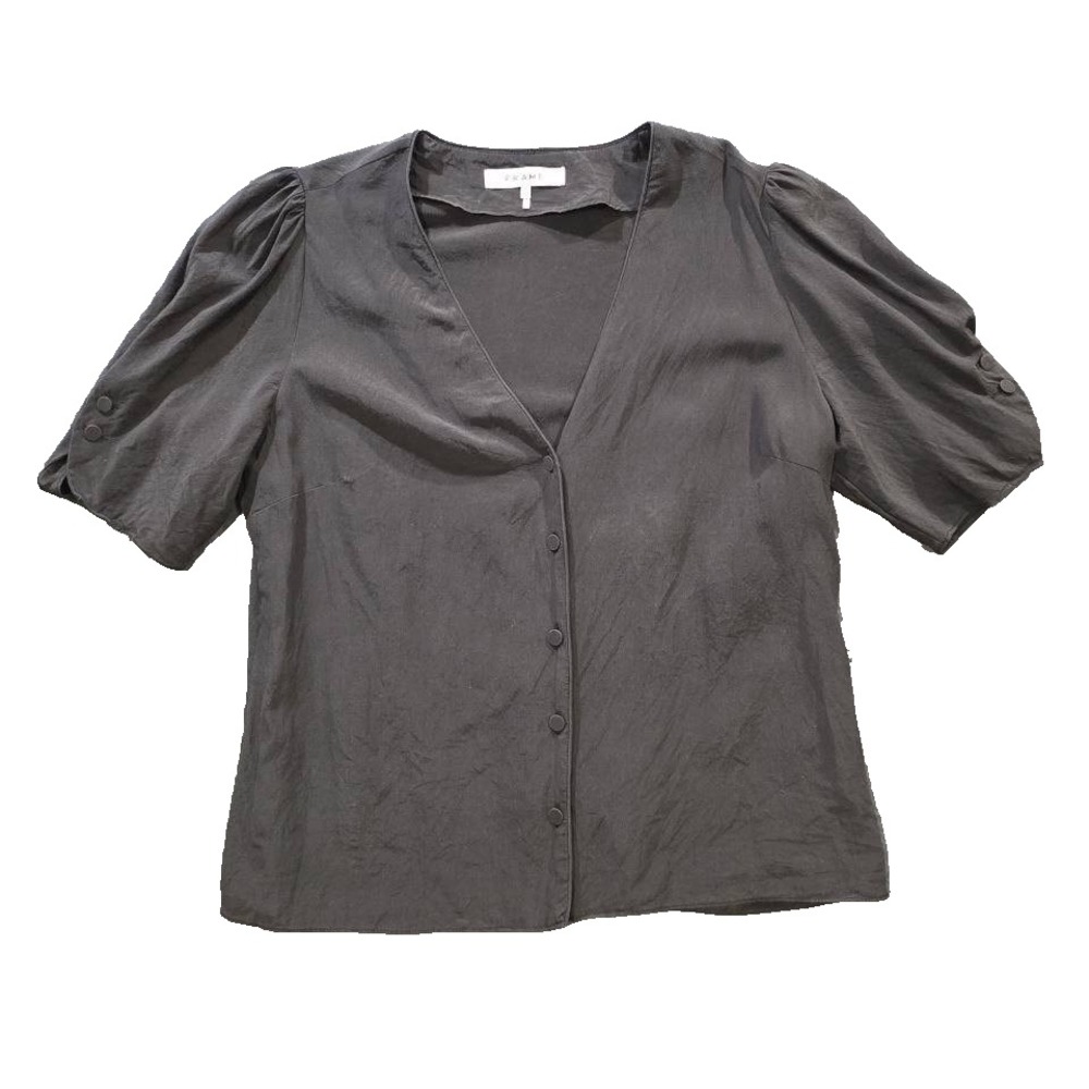 FRAME Blouse Black Silk Puff 3/4 Sleeve Button Front Collared Top M A011419